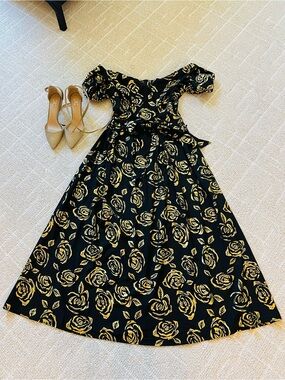 Elegant Black Dress with Gold Rose Print — Off-Shoulder Belted Maxi Dress